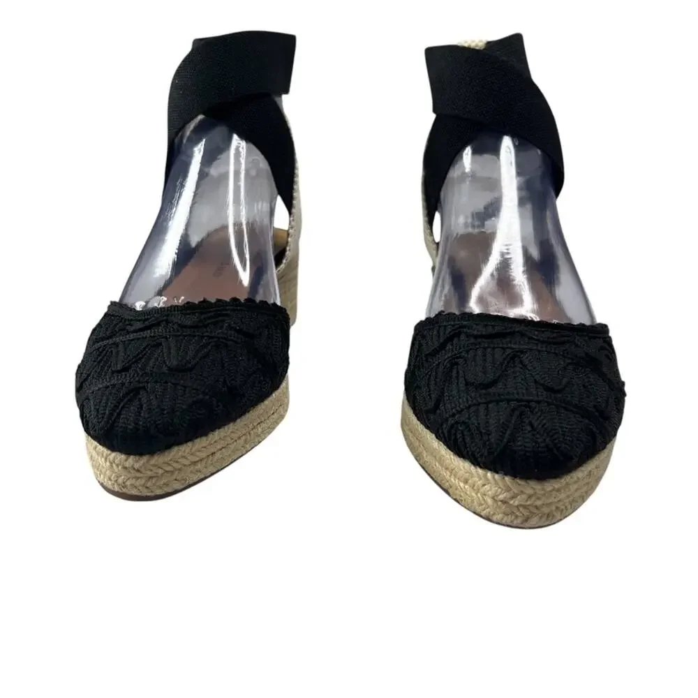 Lucky Brand Luvnia Macrame Espadrille Wedge Sandals 7.5 Black Bohemian